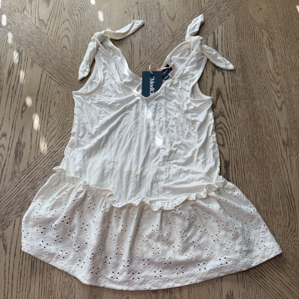 ModCloth White‎ Eyelet Ruffle Tiered Tank Top Tie Shoulder XXS